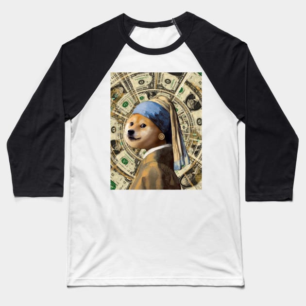 Doge with a Coin Earring Baseball T-Shirt by Serotonin